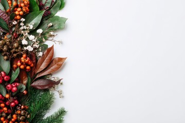 Botanical arrangement of leaves, berries, and flowers on a white background, with copy space