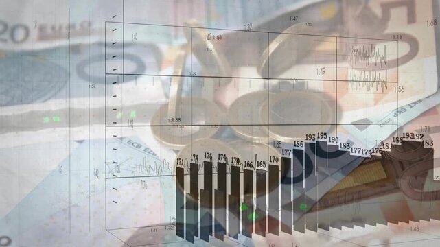 Grid fading in, Euro notes and coins showing plots and bars growing rightward, showing market trend