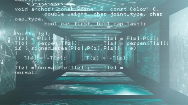 Camera advancing down teal data corridor, code blocks rising and scrolling, visualizing data flow