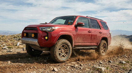 Fototapeta premium Red off-road SUV with muddy tires driving over rocky mountain terrain
