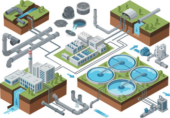 Isometric illustration of a water treatment plant infrastructure with pipes, tanks, and buildings viewed from above