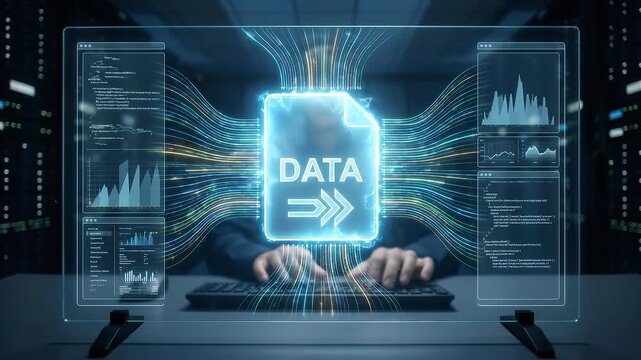 Glowing data file icon above keyboard with flowing multicolored lines connecting to analytics dashboard and transparent server room display, secure data transfer processing across network server room