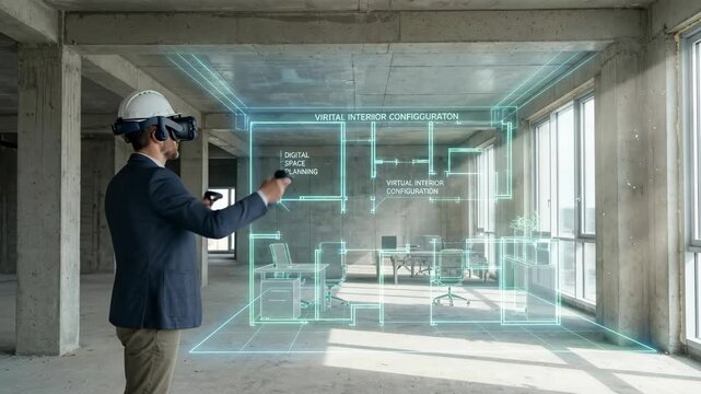An architect wearing a VR headset interacts with a holographic blueprint of a building construction project inside an unfinished concrete structure