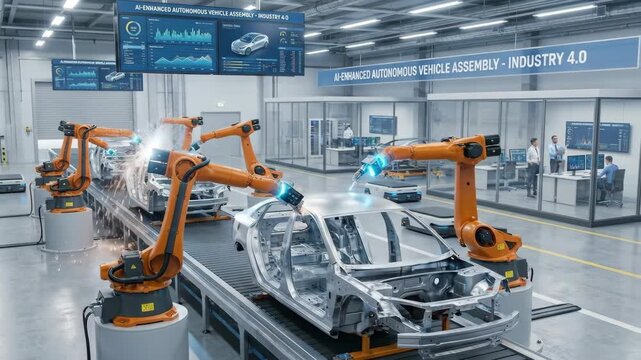 Robotic arms assemble a car chassis on a modern assembly line Advanced technology and automation create futuristic automotive manufacturing Precision engineering drives industry forward