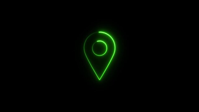 Neon location Animation Icon, Glowing Neon Location Pin Icon on Black Background