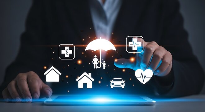 Person using tablet with virtual insurance icons and symbols floating above it in a futuristic digital environment from a close-up viewpoint