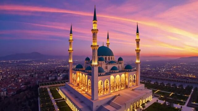 A serene mosque with illuminated minarets and dome reflected in a calm lake at dusk, set against a vibrant blue and pink sky