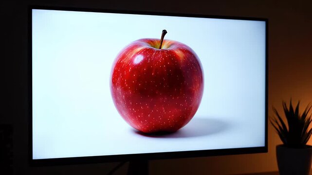 A ripe apple, half yellow and half red, glows on a bright white screen