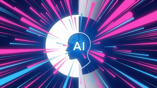 Artificial intelligence concept with text ai and fast moving neon light streaks.