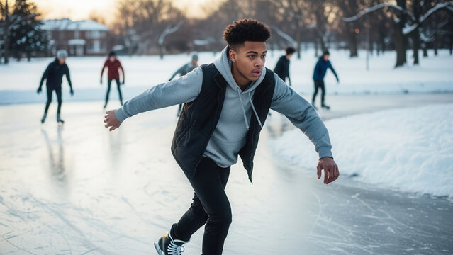 African-American teen skater gliding on pond in winter park, group of skaters and energetic outdoor activity
