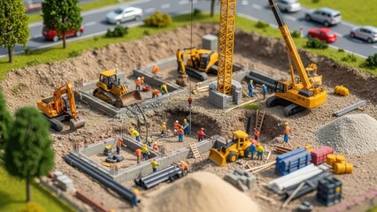 Miniature construction site with crane and heavy equipment in progress