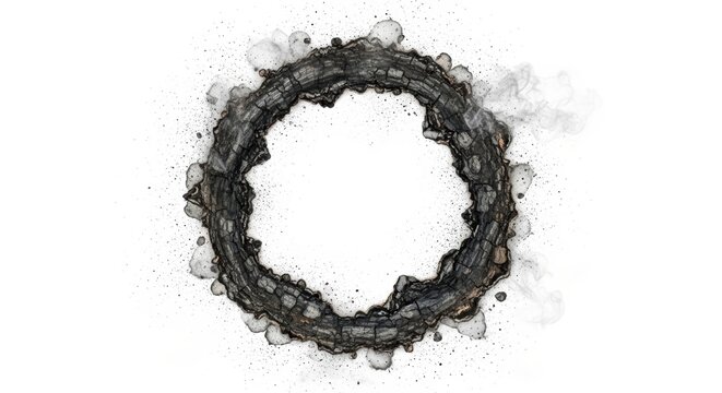 A circular formation of dark splatters on a white surface viewed from directly above with a splattered edge and varied density