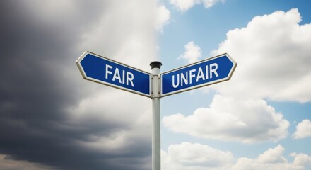 Road sign points toward "Fair" and "Unfair" under contrasting sky halves