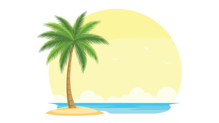 Serene tropical beach landscape with a tall palm tree on a small island, blue water, and a large golden sun in the background.