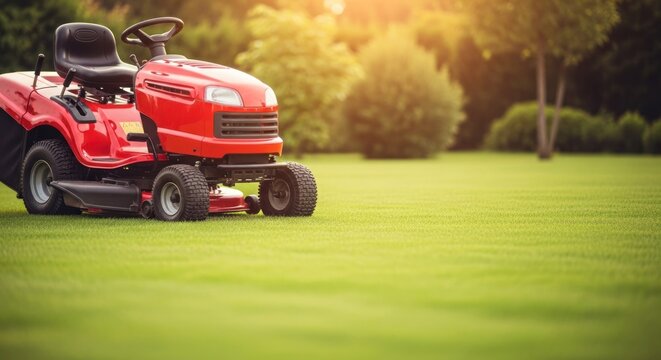 Red riding lawn mower on freshly cut green grass, sunny backyard setting