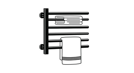 Black towel warmer with folded and hanging white towels bathroom fixture