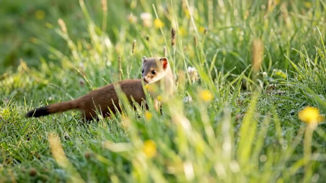 A small brown stoat cautiously moves through lush green grass during a sunny day its dark tail tip visible against the foliage