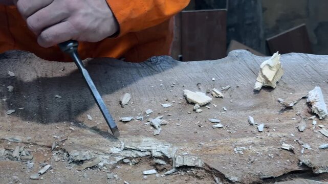 A carpenter in overalls chiselling a wooden slab in a woodworking shop. A person working. Tools, chisels, and gouges. Woodworking. Sawdust, wood chips. Real people. Lifestyle, Authentic, Candid