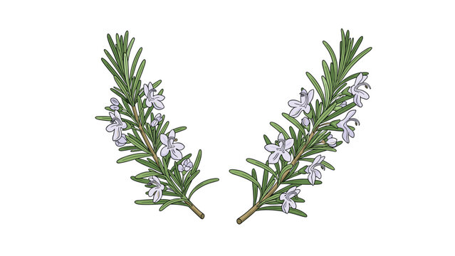 Fresh sprigs of green rosemary with delicate purple flowers arranged in a symmetrical composition on a plain white background for cooking.