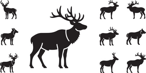 Naklejka premium Deer Silhouette Set with Antlers Wild Stag and Elk Black Vector Collection.