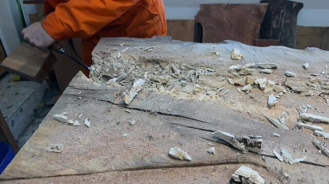 A carpenter in overalls chiselling a wooden slab in a woodworking shop. A person working. Tools, chisels, and gouges. Woodworking. Sawdust, wood chips. Real people. Lifestyle, Authentic, Candid