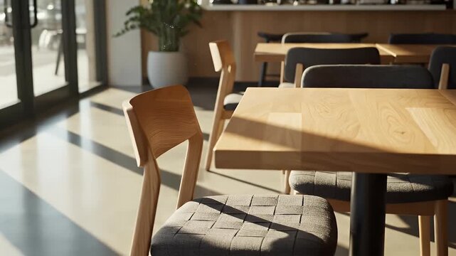Interior view of a modern cafe with wooden chairs and tables in sunlight