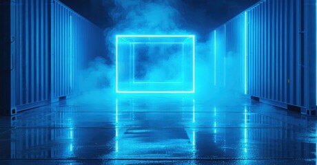 Fototapeta premium Neon cube glows within shipping containers. Smoke fills space, reflections shimmer on wet floor. Dramatic lighting creates futuristic scene.