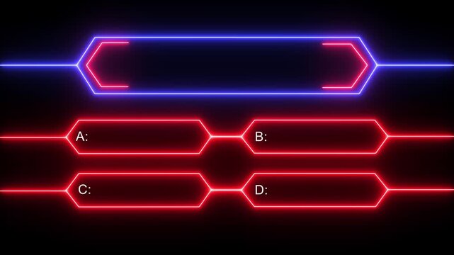 Animation of a neon quiz line with a choice of answer options on a black background. Question mark motion animation, futuristic cyber tech visual, asking doubts confusing motion graphics 4K. 