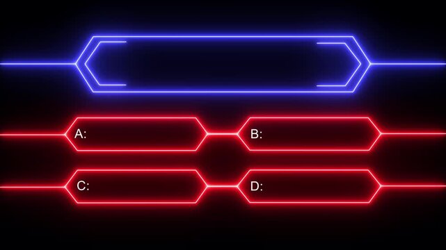 Animation of a neon quiz line with a choice of answer options on a black background. Question mark motion animation, futuristic cyber tech visual, asking doubts confusing motion graphics 4K. 