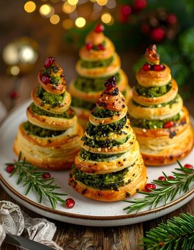 Festliche, weihnachtsbaumf&ouml;rmige Bl&auml;tterteigkuchen mit Pesto,K&auml;se und Granatapfelkerne.