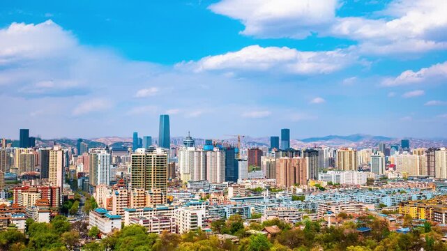 Lanzhou Cityscape Panorama with Blue Sky and White Clouds