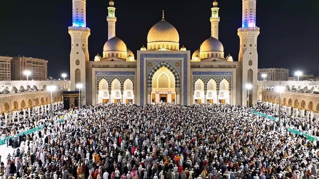 Vast Crowd of Muslim Pilgrims Gather for Night Prayer at the Illuminated Grand Mosque in Mecca
