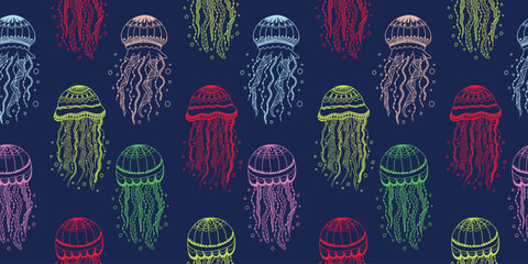 Colorful neon jellyfish seamless pattern featuring bright multicolor marine jellyfish floating underwater on dark navy blue background © Mariana