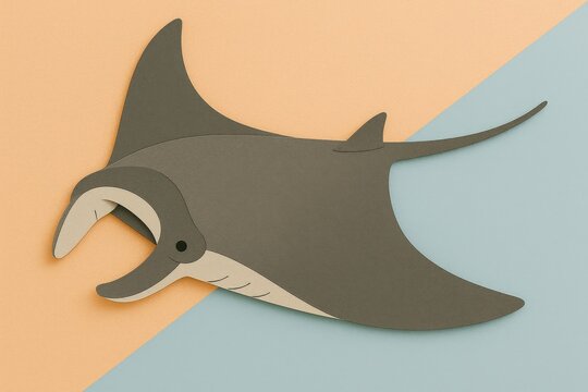 Stylized paper cutout illustration of a devil ray, showcasing its curved cephalic fins, streamlined body, and long tail. Designed in a layered papercraft style 