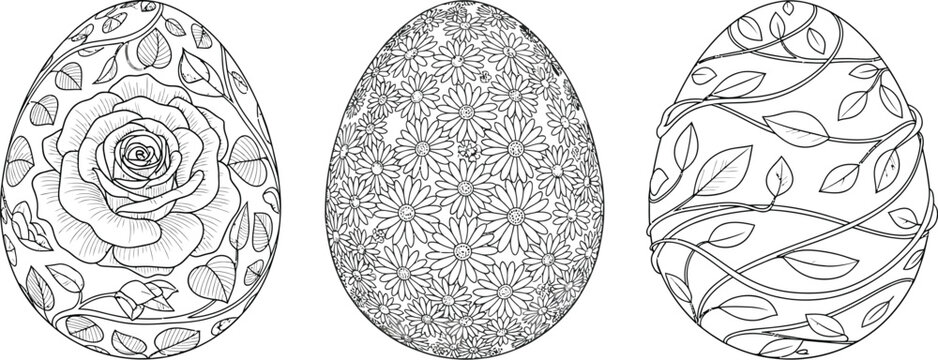 Beautifully decorated easter eggs with floral designs in line art style illustration