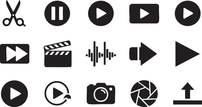Video Editing and Media Player Icon Set - Professional Black Silhouette Symbols for Multimedia Production and Film Industry