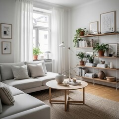 Fototapeta premium Modern living room interior with sofa bookshelves and natural lighting