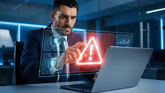 Cybersecurity alert warning focused businessman suit laptop with holographic security warning, shield icons and red warning triangle transparent interface modern office night signaling technology