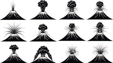 Volcanic eruption silhouettes vector collection with lava bursts ash clouds explosive craters and dramatic natural disaster scenes © MdTajemul