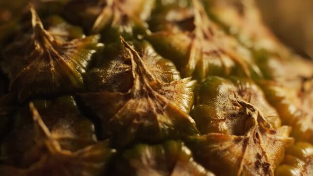 Close-up of a pineapples textured skin, showcasing its intricate patterns and natural beauty.