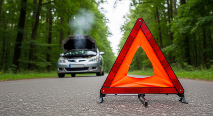 Reflective roadside warning triangle on forest road with broken car, emergency breakdown and safety awareness