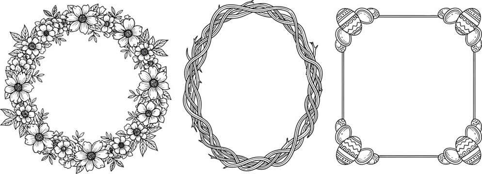 Collection of three elegant black and white ornate frames for design