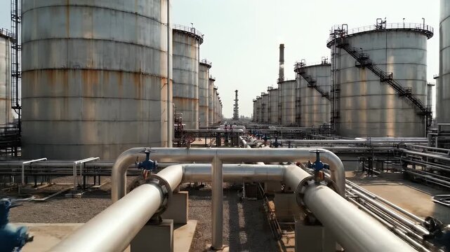 A long line of cylindrical tanks with pipes and valves, viewed from the ground on a sunny day