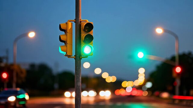 Traffic light at dusk with cars on road