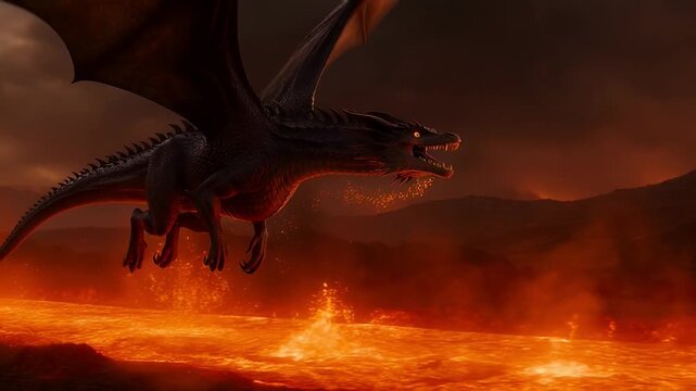 Majestic Black Dragon Soaring Above a Fiery Lava Landscape with Open Mouth