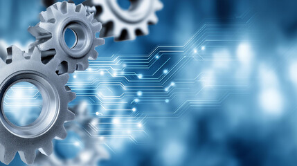 Business process automation concept with interlocking metallic gears seamlessly merging with glowing digital circuit patterns, industrial meets technology symbolism, blue toned