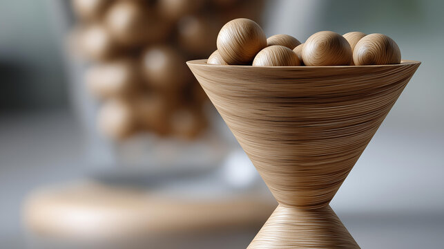 Business bottleneck concept with wooden balls queuing at a narrow funnel point in a process flow, capacity constraint visualization, operational challenge concept photography,