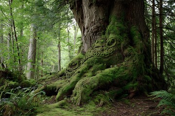 Ancient, moss-covered tree trunk exhibits carved patterns deep within a dense forest setting