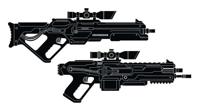 Futuristic weapon designs a black and white illustration of sci fi guns