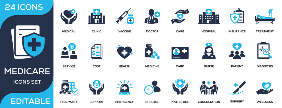 Medicare solid icon set featuring hospital, doctor, nurse, vaccine, treatment, insurance, pharmacy, and emergency care. Flat vector icons for healthcare and medical service projects.